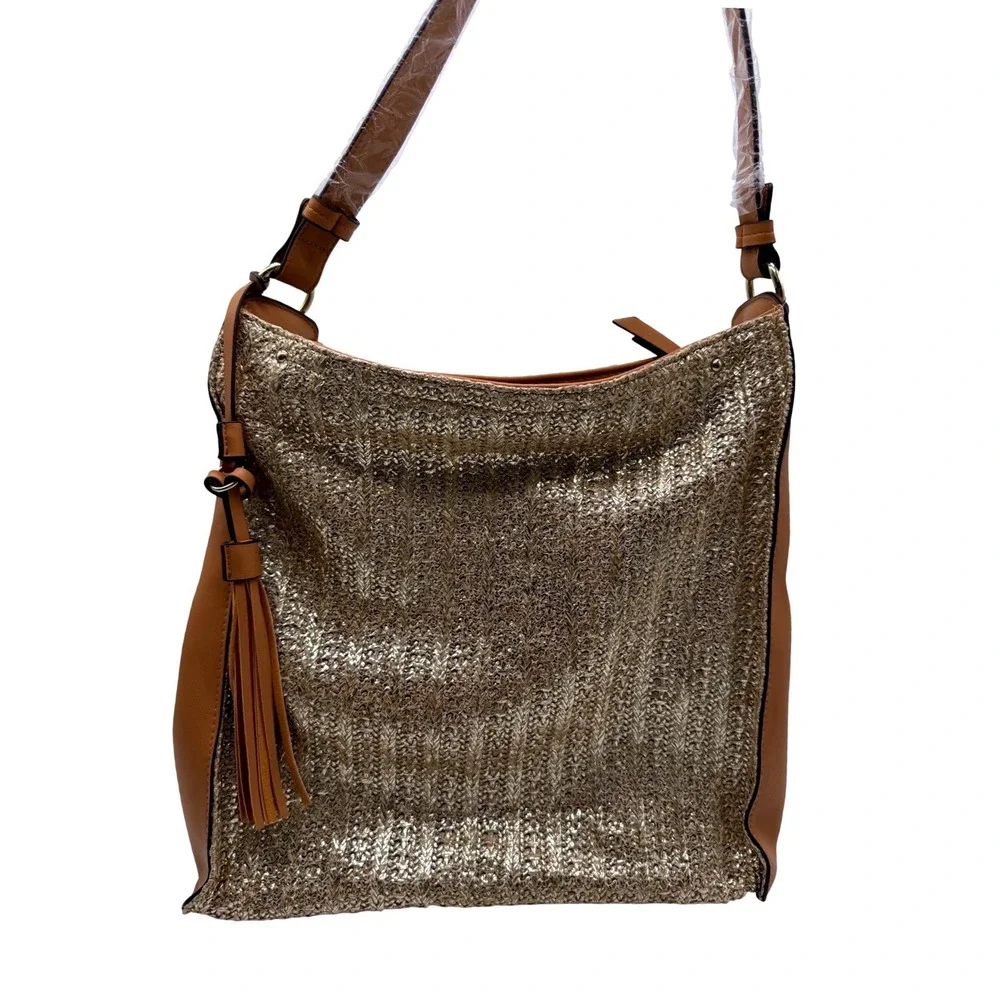 Sondra‎ Roberts Hobo Bag Large Gold New Woven Metallic Tassel 40-1124-3 NWT
